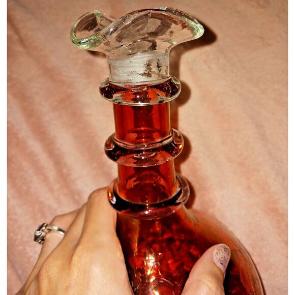 MCM Rainbow Blenko Cranberry Crackle Glass Decanter Missing Stopper Vintage - Picture 3 of 11